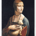 Regal woman with crown and gold dress holding white cat, another cat with crown.