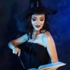 Digital artwork of witch with pointed hat holding open book in mystical setting