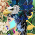 Elaborate portrait of woman with peacock-inspired makeup and headpiece, real peacock perched