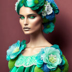 Digital illustration: Woman with teal and green floral adornments on hair and dress against warm background