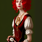 Digital Artwork: Woman with Red Hair in Renaissance Dress with Strawberries