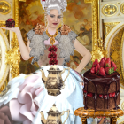 Silver-haired queen on golden throne with white wolf: regal portrait.