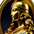 Stylized portrait of a woman in golden armor and helmet on round gold background