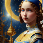 Regal woman in blue and gold outfit under crescent moon.