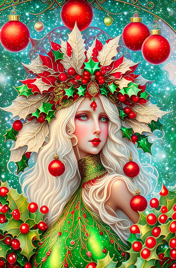 Fantasy illustration of woman with white hair and holly crown surrounded by festive decorations