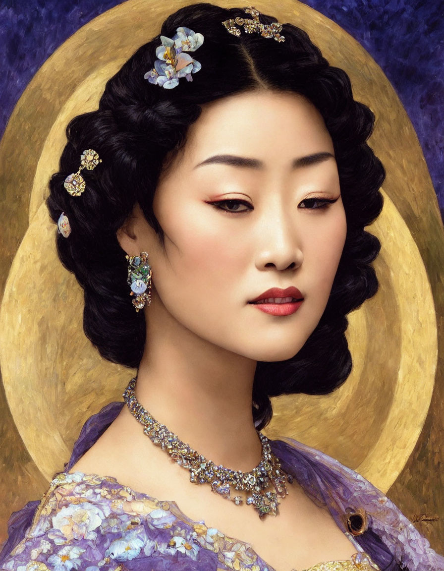 Woman portrait with adorned hairstyle, elegant jewelry, purple attire, blue and gold backdrop