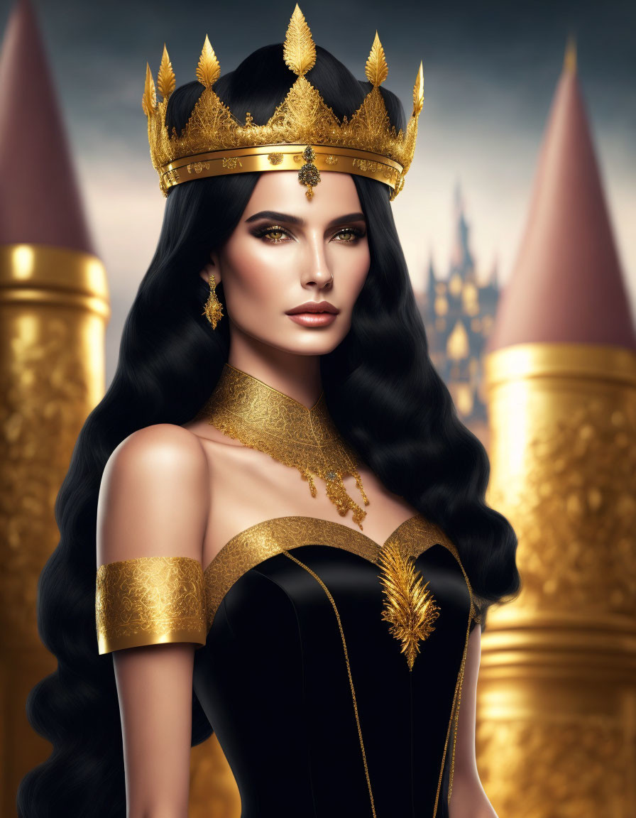 Regal woman in black gown with golden crown and castle backdrop