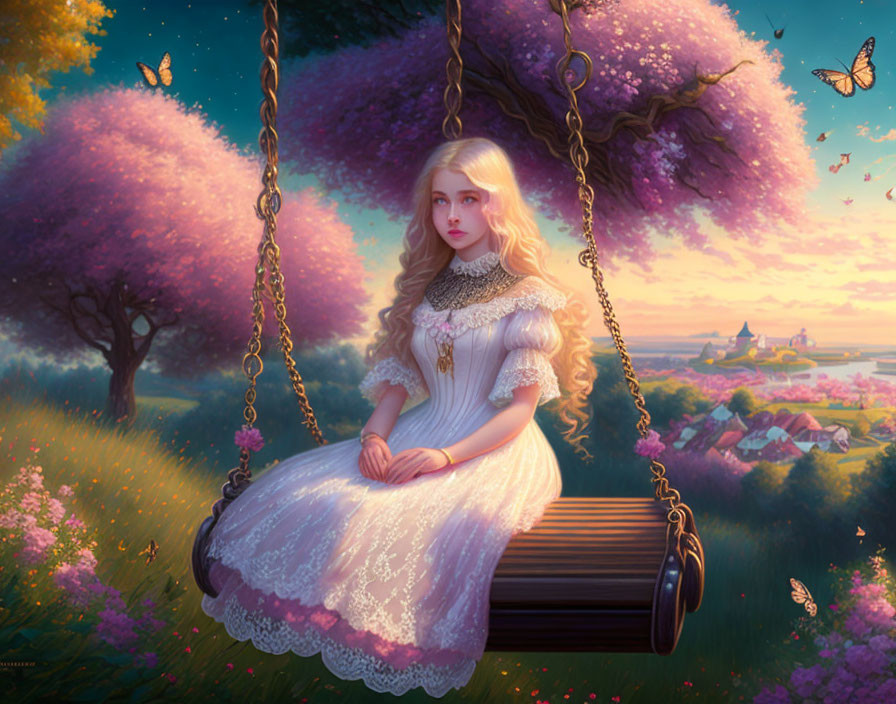 Woman in vintage dress on swing under pink trees with butterflies and distant castle at sunset