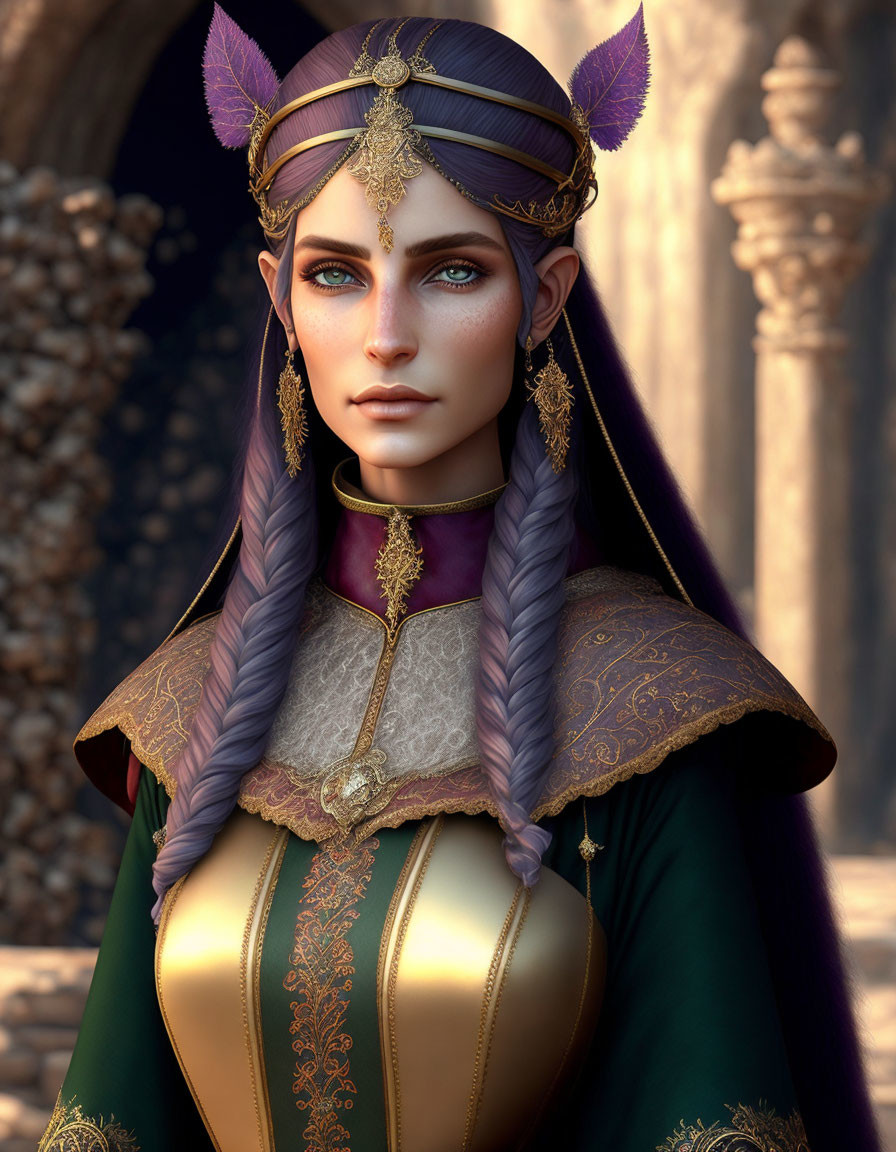 Detailed Digital Portrait of Fantasy Character with Purple Braided Hair, Ornate Golden Headpiece, and Maj