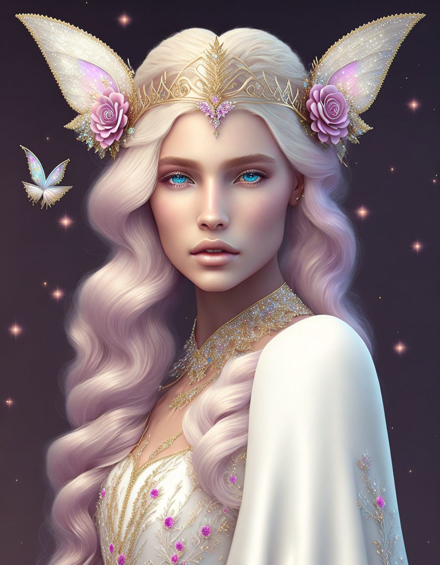 Fantasy portrait: Woman with long wavy hair, tiara, butterfly, roses, elf-like