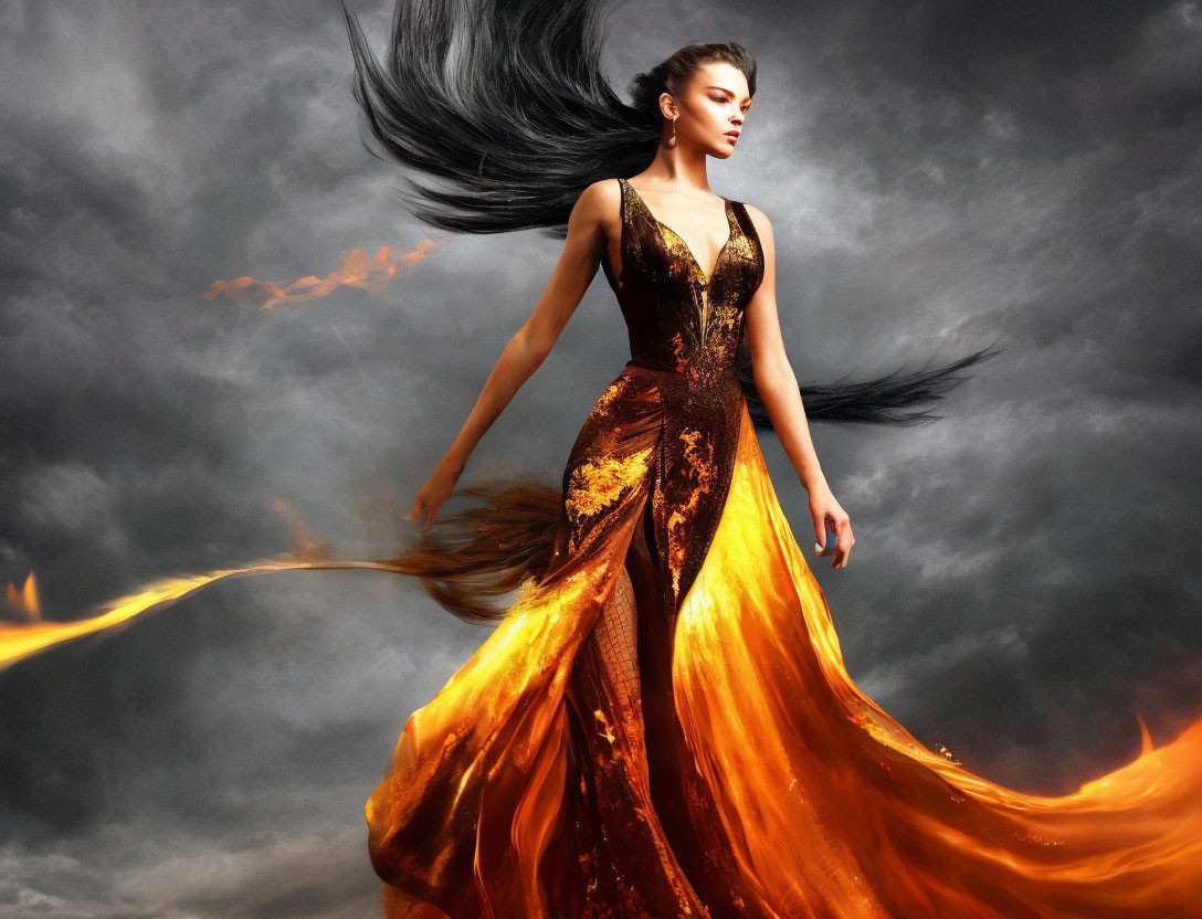 Elegant woman in fiery orange and black dress against dramatic sky