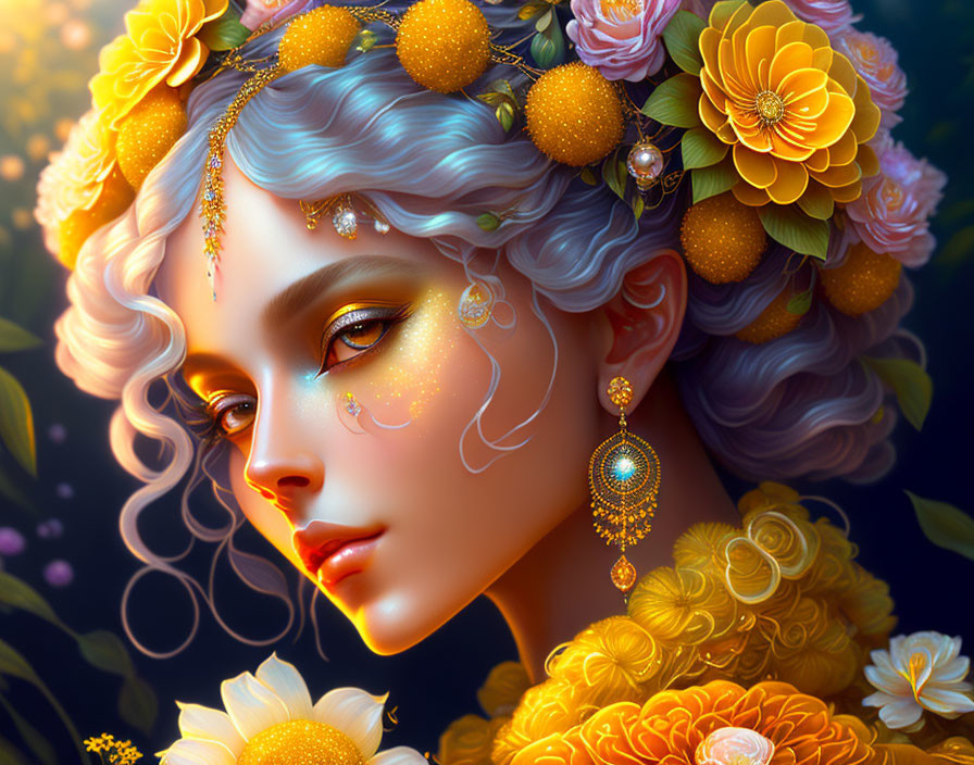 Illustrated portrait of woman with golden flowers and jewelry on dark floral background