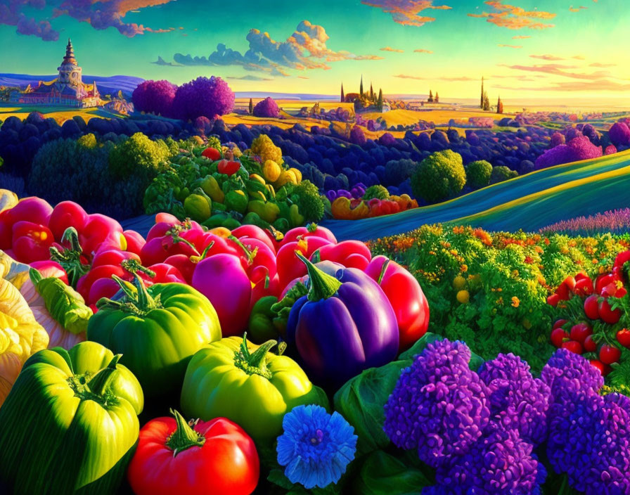 Colorful Vegetable Illustration with Sunset Landscape