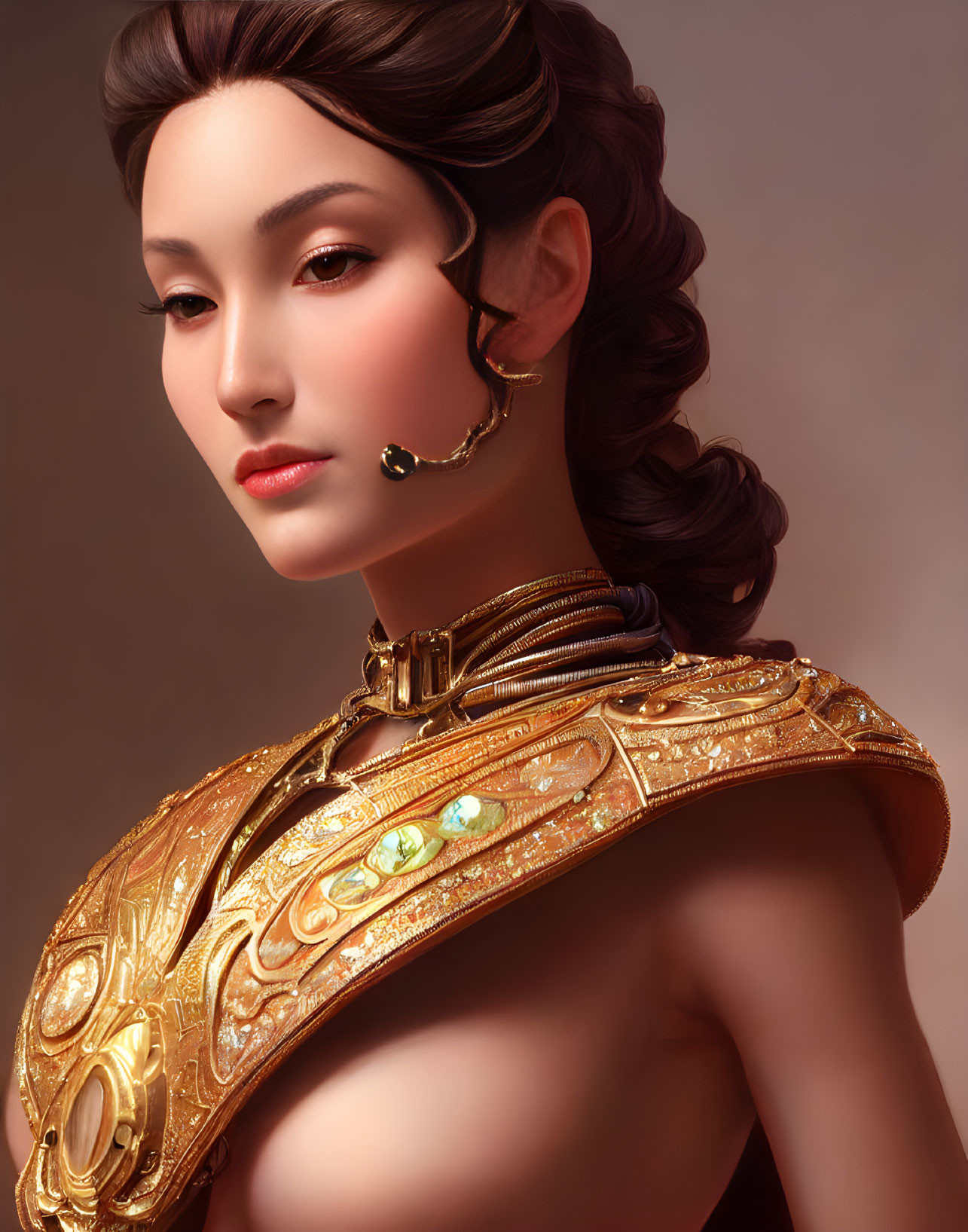 Elegant woman in golden armor with updo hairstyle