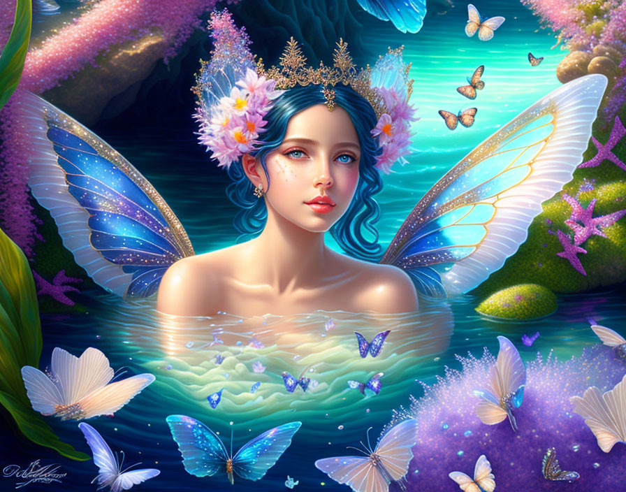 Blue-Winged Fairy with Floral Crown Surrounded by Butterflies in Magical Water Setting