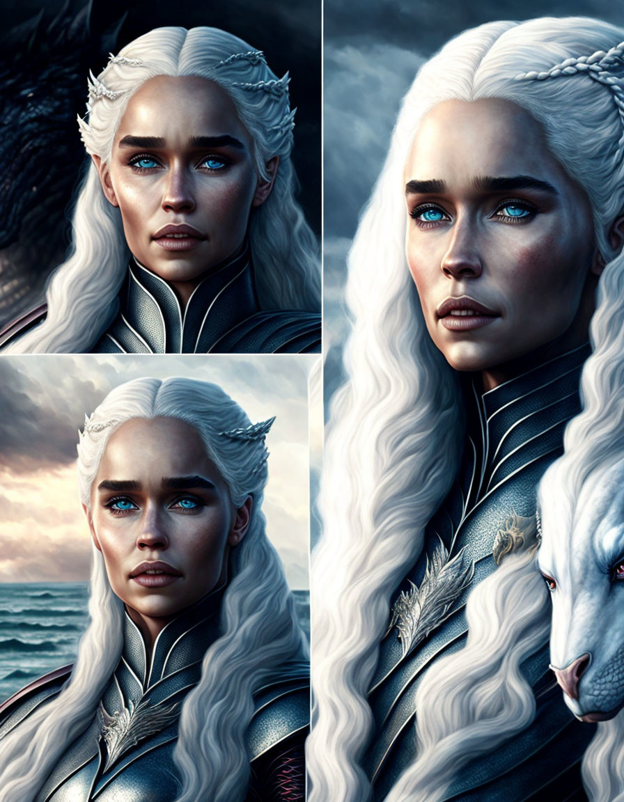 Fantasy character portrait: pale skin, long white hair, blue eyes, dark armor by the sea