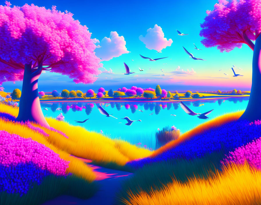 Colorful Fantasy Landscape with Pink Trees, Purple Flowers, River, Birds, Sunset Sky