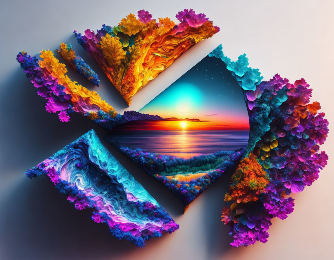 Colorful Fractal Artwork: Foliage, Waves, Sunset in Geometric Spiral