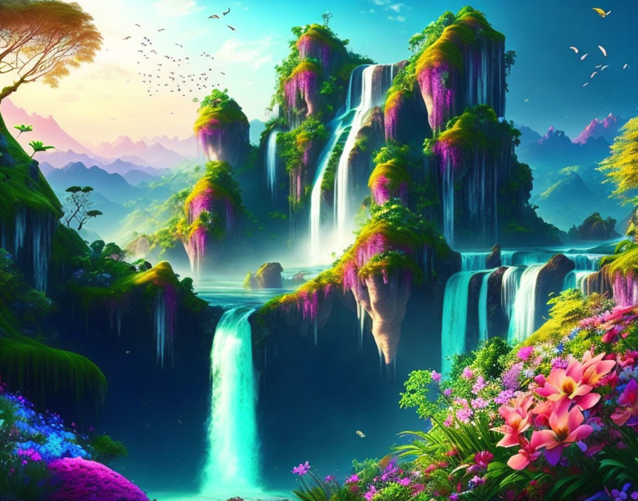 Colorful Waterfall Landscape with Mountains and Birds