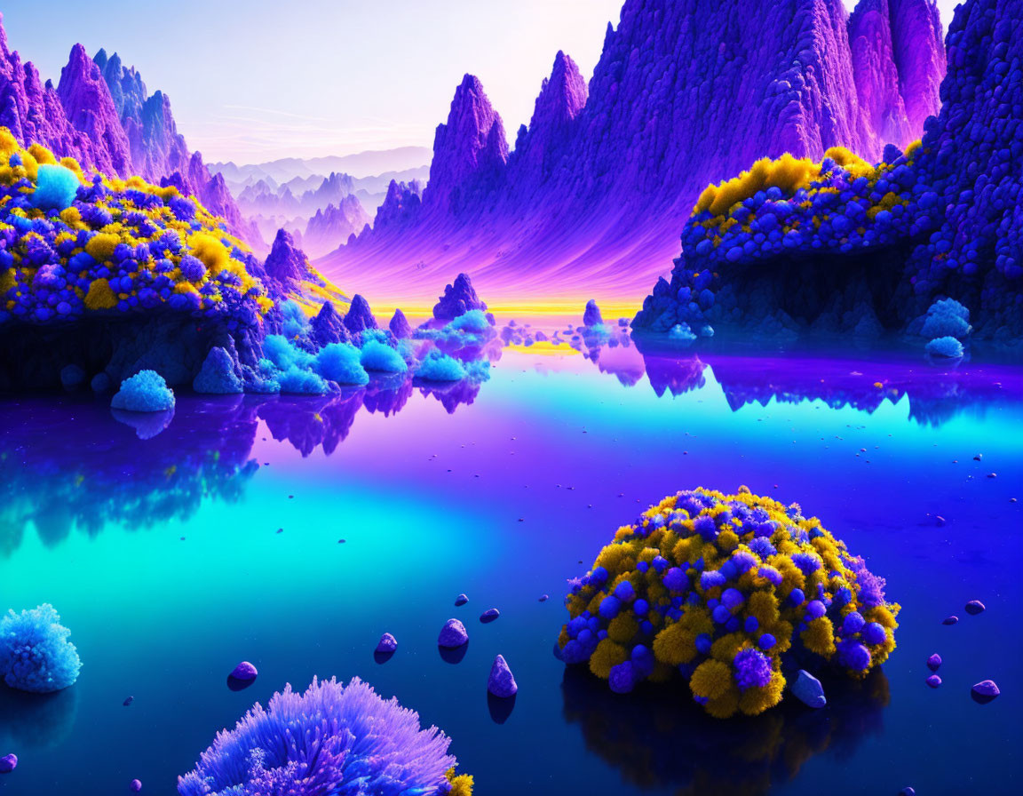 Colorful Fantasy Landscape: Purple Mountains, Yellow Flora, Blue Lake