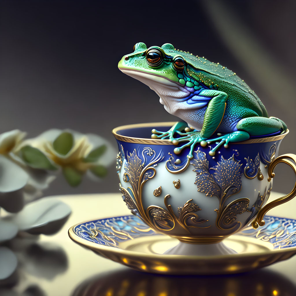 Colorful Frog on Ornate Teacup with Gold Patterns