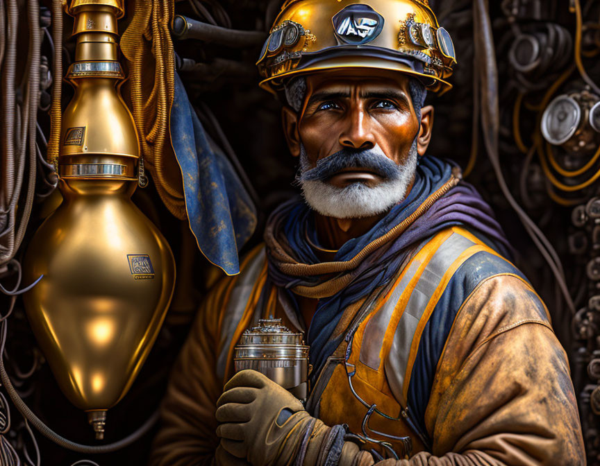 Greying bearded man in golden helmet with metallic object and intricate machinery