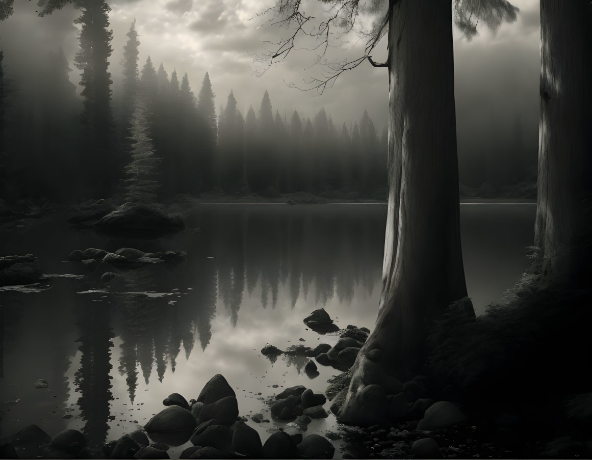 Tranquil forest landscape with misty atmosphere