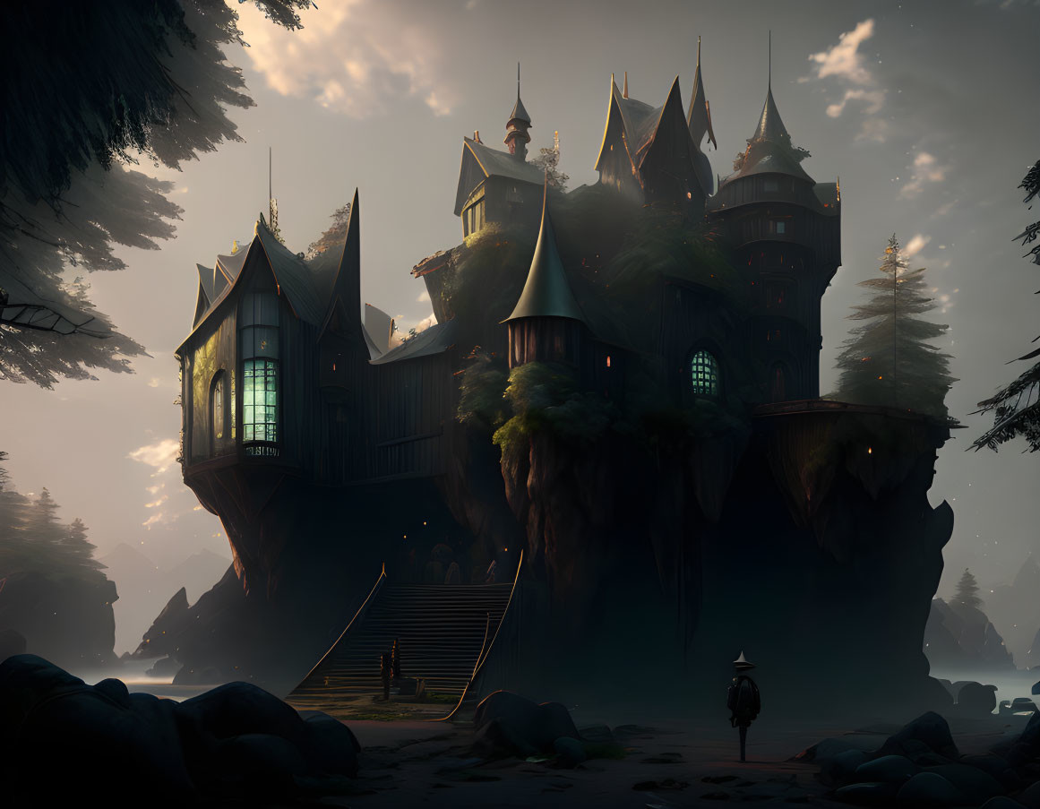 Gothic-style mansion on rocky outcrop at twilight