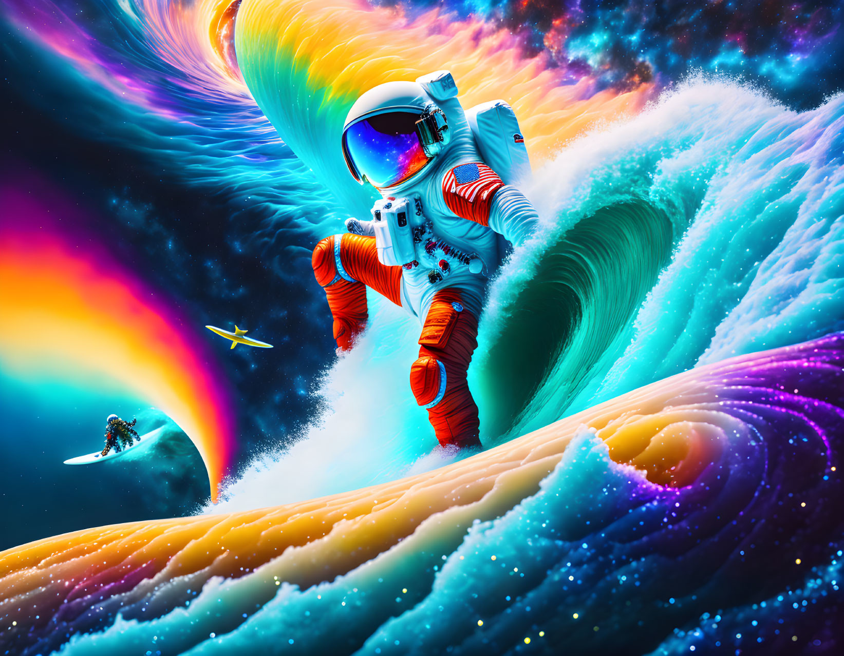 Colorful cosmic scene: astronaut surfing among swirling nebulas and distant surfers.