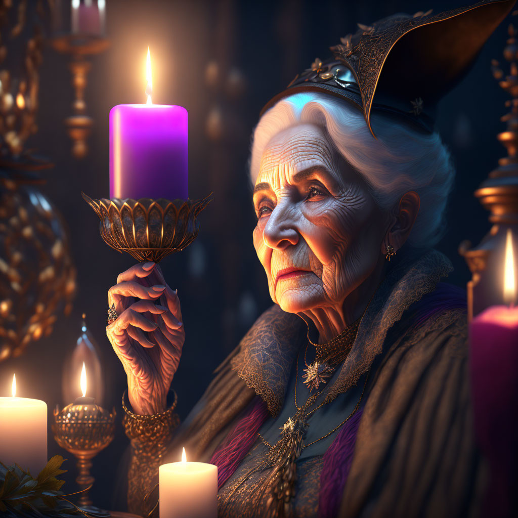 Elderly woman with crown gazing at purple candle in candlelit room