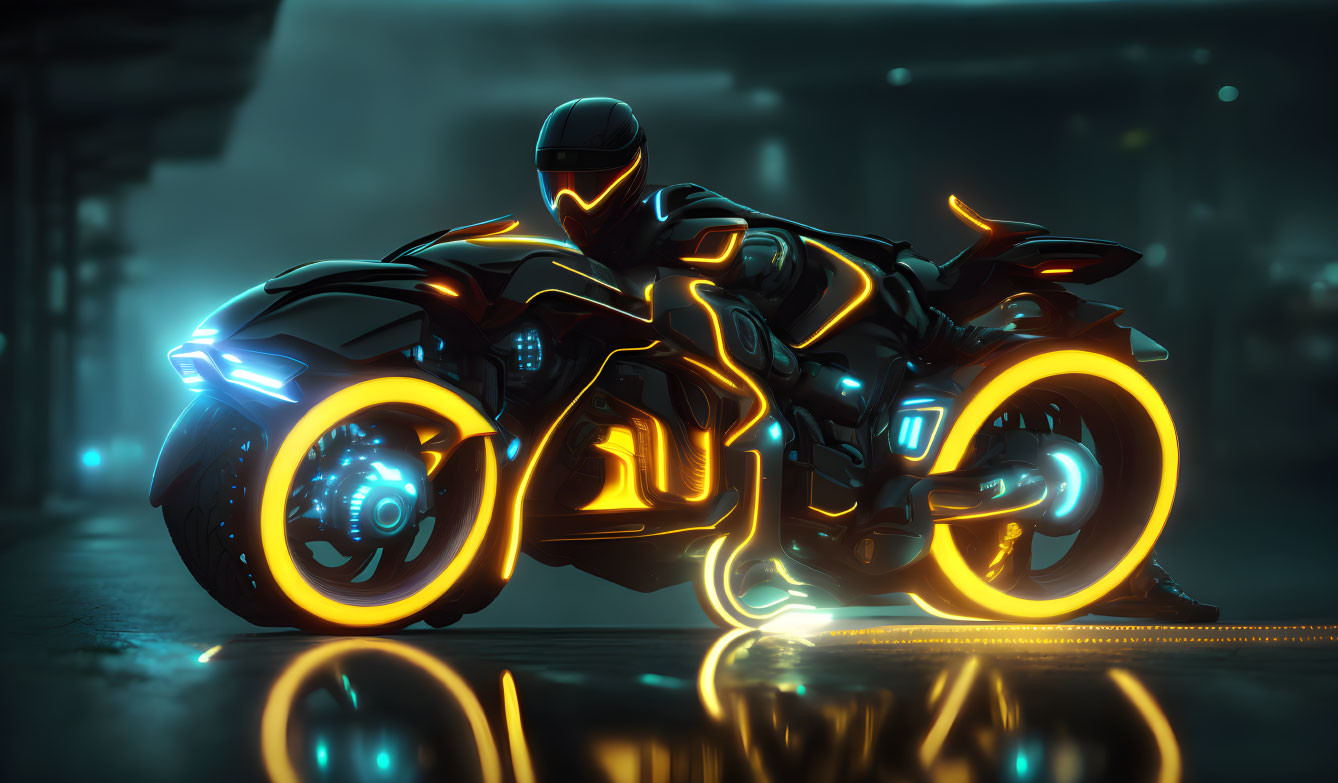 Futuristic motorcycle rider in neon-lit city at night