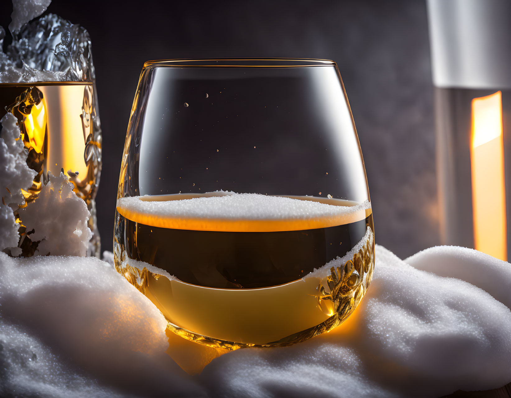 Amber-colored liquid with frothy head, ice, foam, warm backdrop