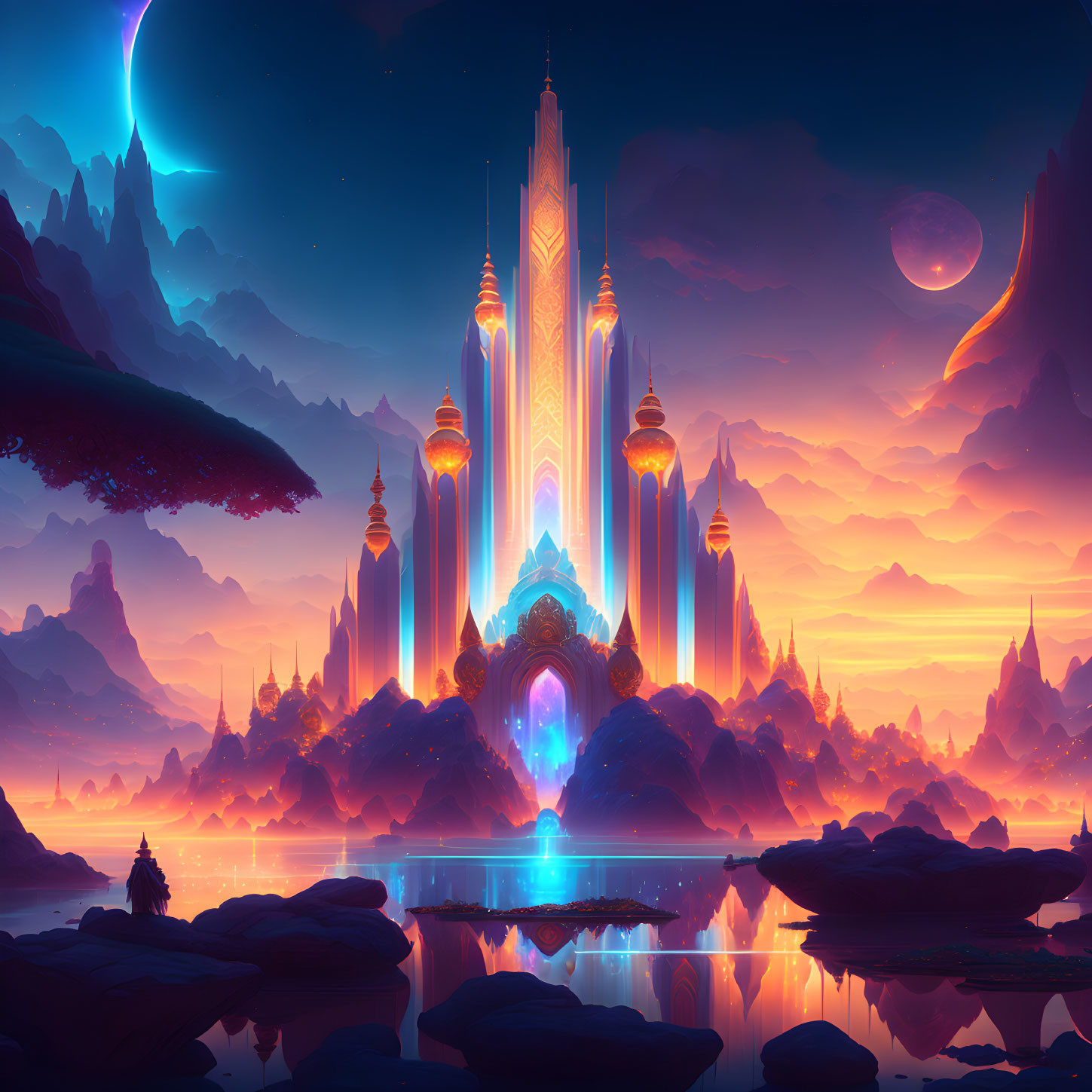 Luminous castle in vibrant fantasy landscape with twin moons