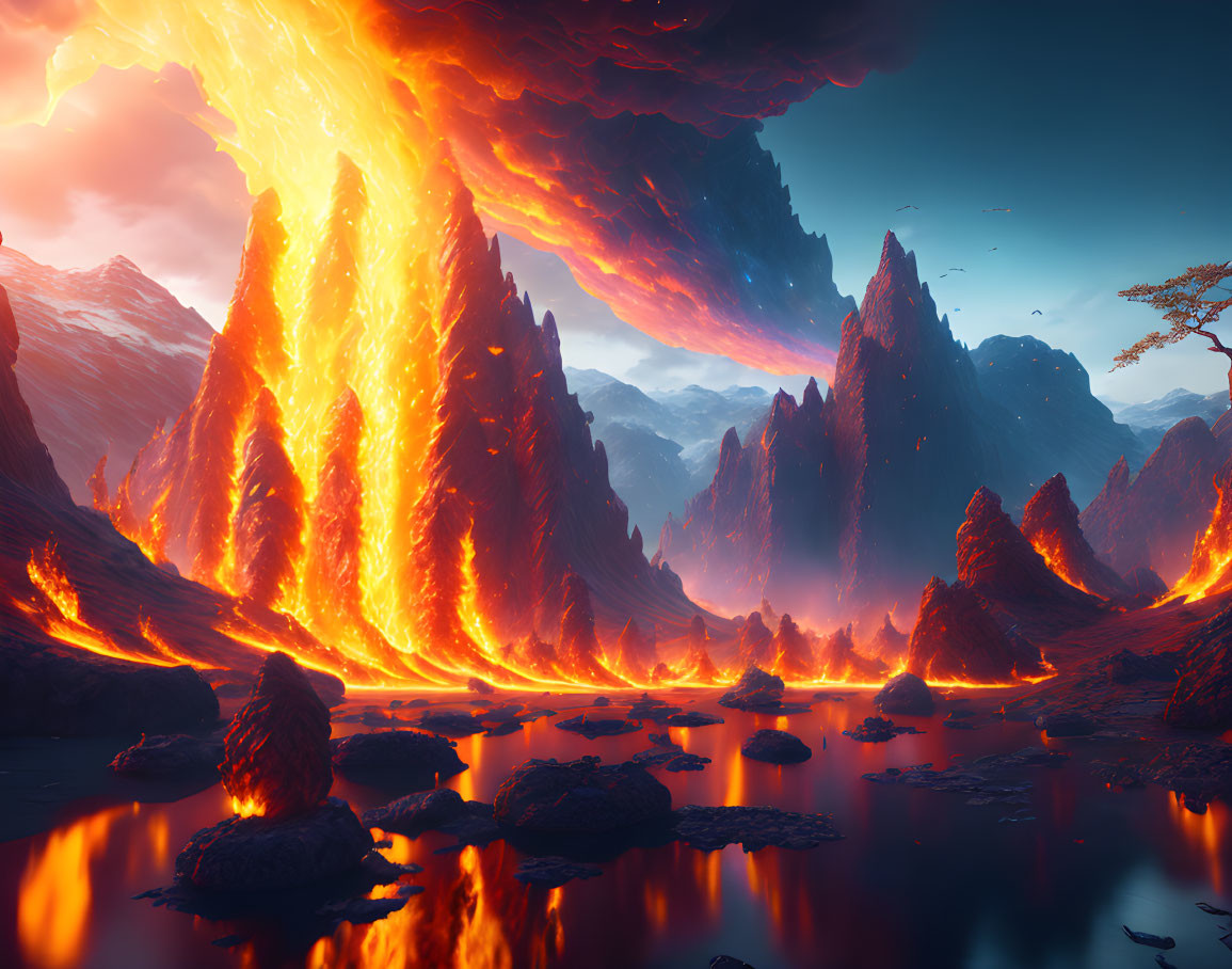 Volcanic landscape with fiery lava flows and red sky