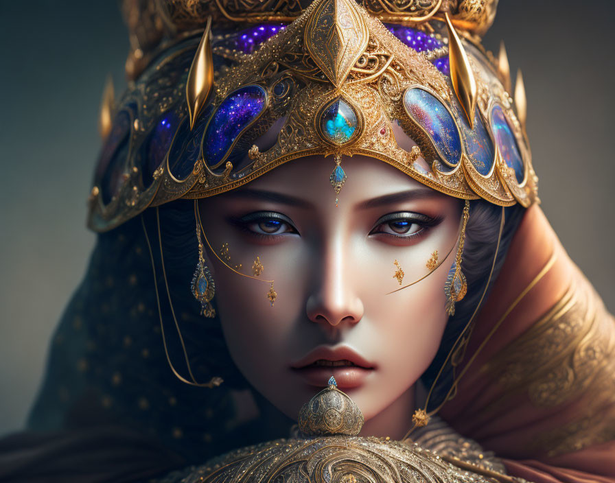 Regal woman with golden crown and nose ring in serene pose