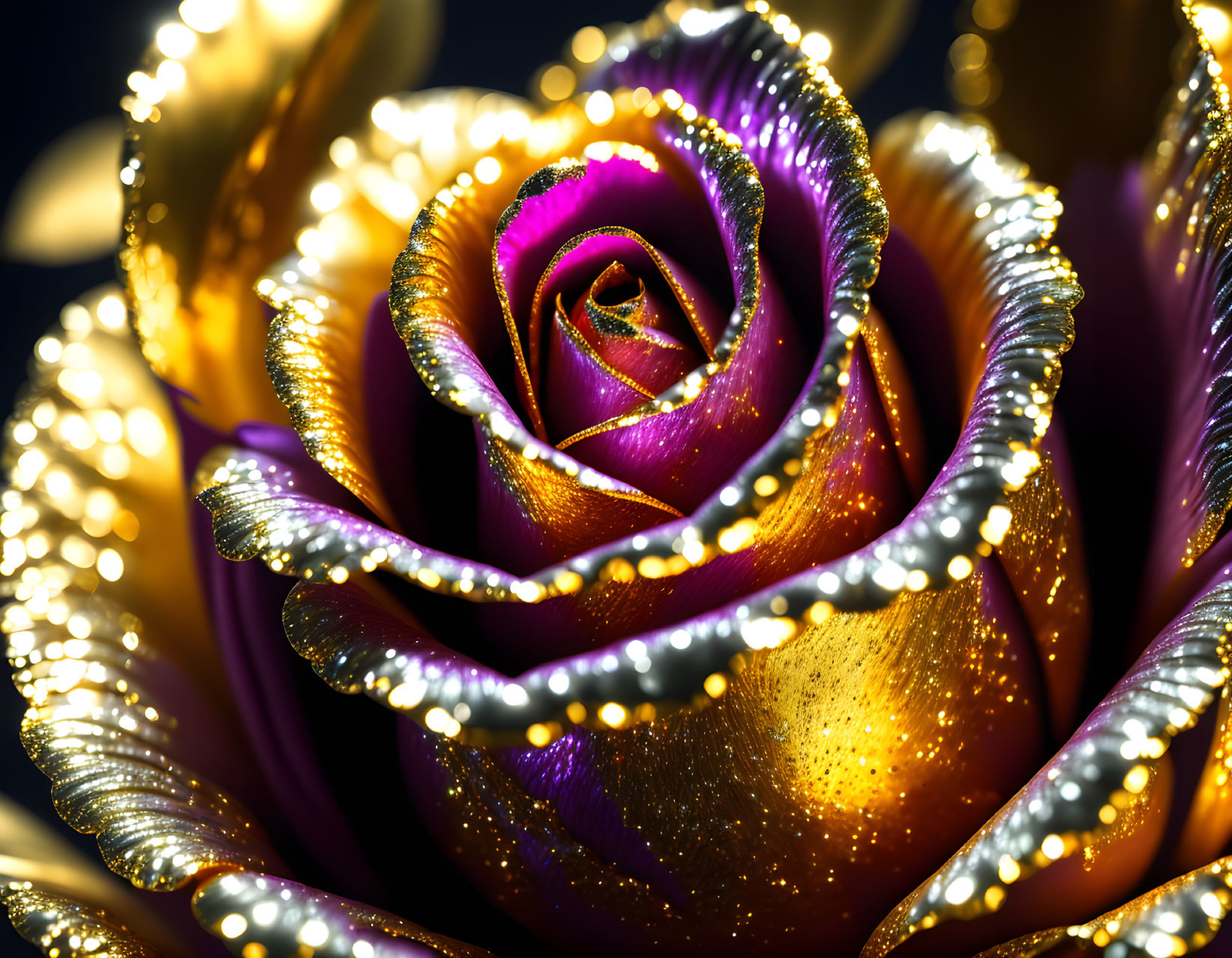 Colorful Gradient Rose with Sparkling Droplets on Dark Background