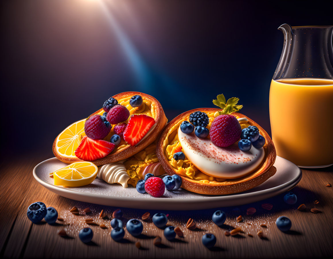 Delicious Pancakes with Cream, Berries, Orange Slices, Juice, and Nuts on