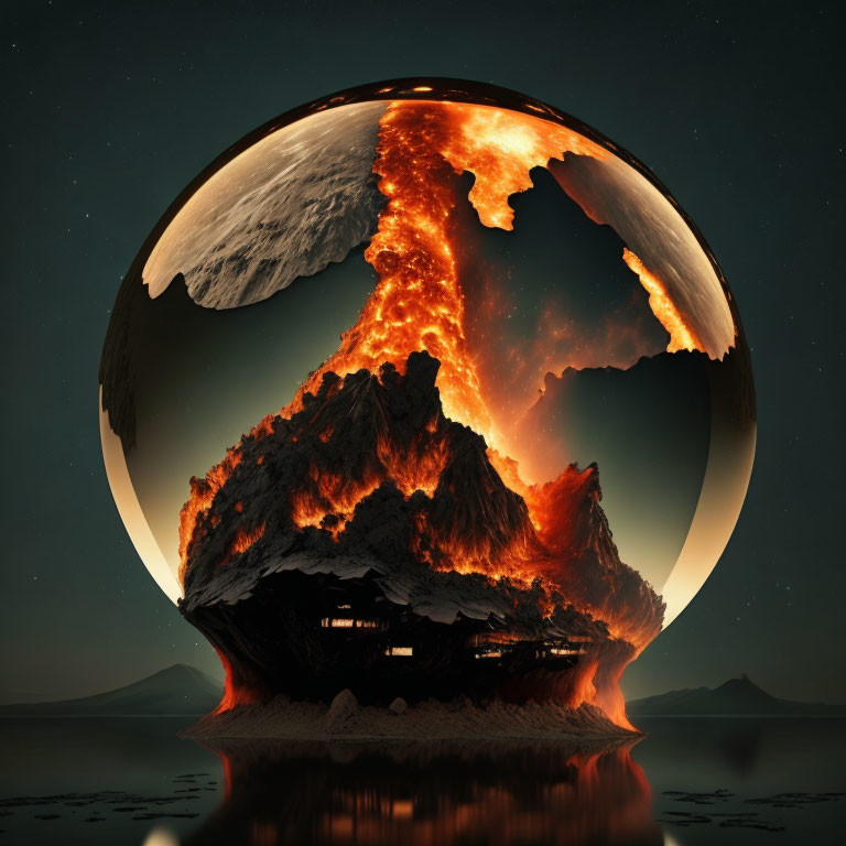 Surreal lava-filled world in transparent sphere with fiery volcano against starry sky