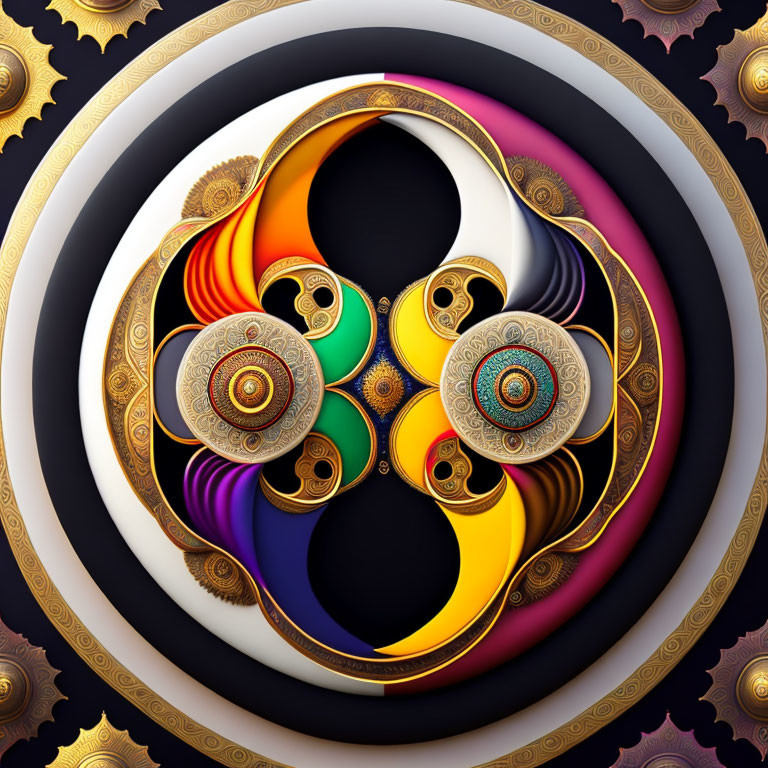 Symmetrical digital artwork with swirling patterns and vibrant colors on a dark background