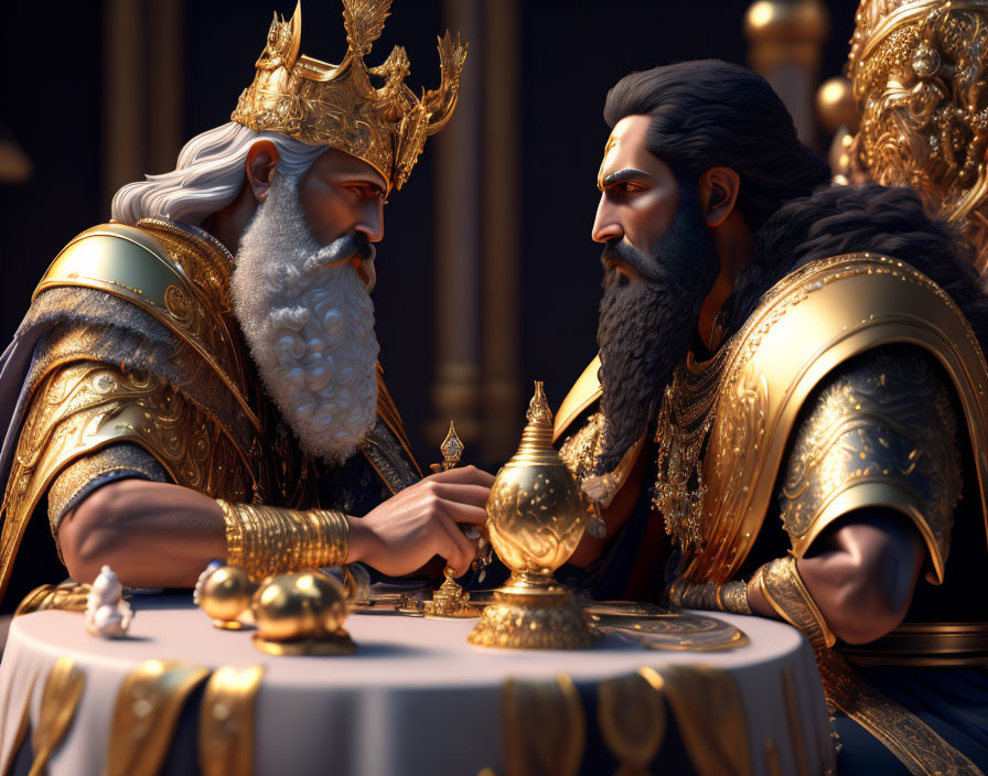 Animated kings in golden armor discussing at table with game or map