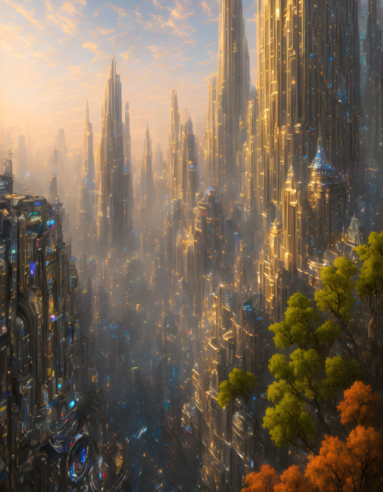 Futuristic cityscape with golden sunlight and autumn trees