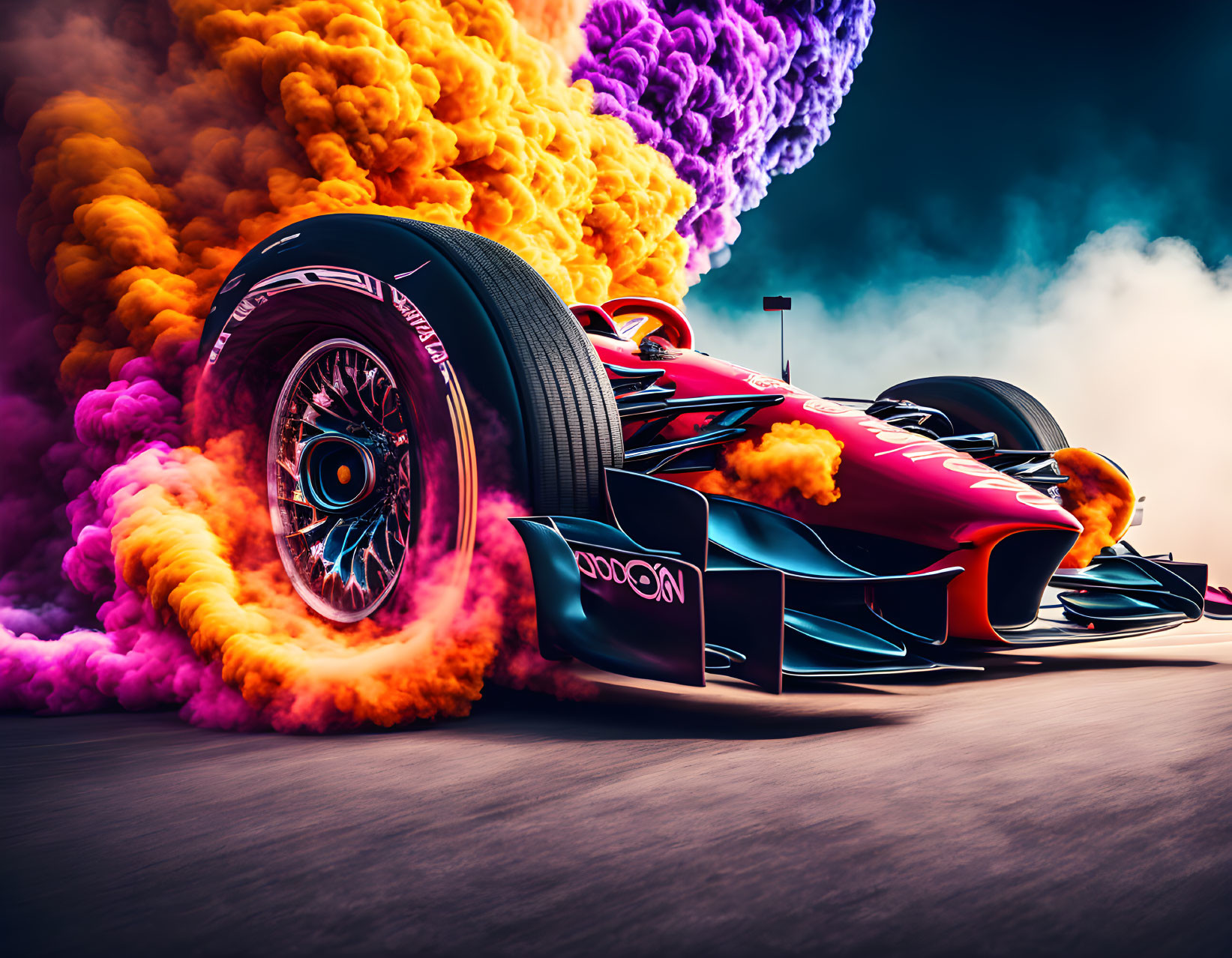 Vibrant Formula 1 car with purple and orange smoke.