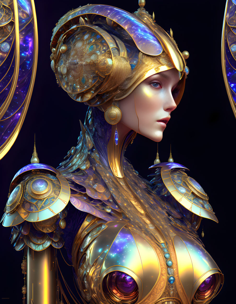 Detailed 3D Illustration of Female Figure in Golden & Blue Headdress and Armor