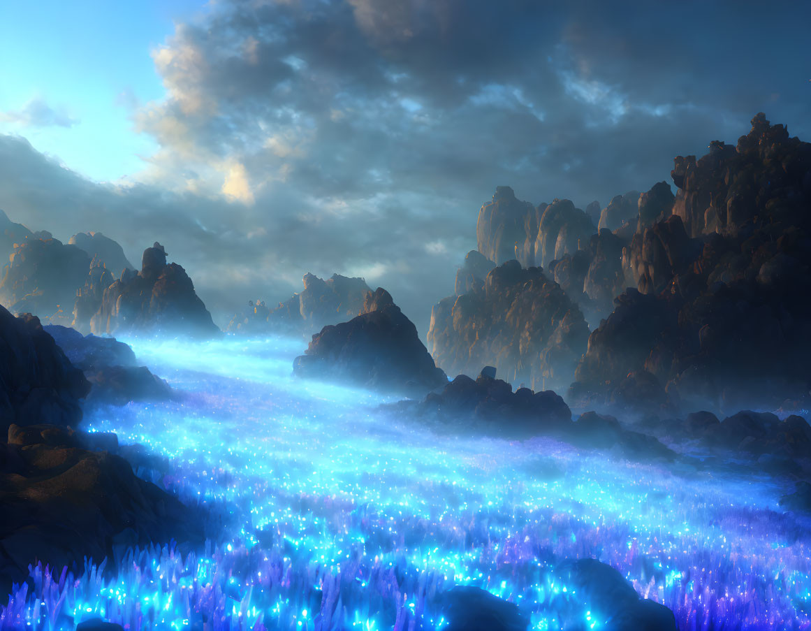 Luminescent Blue Flowers in Rocky Terrain at Dawn