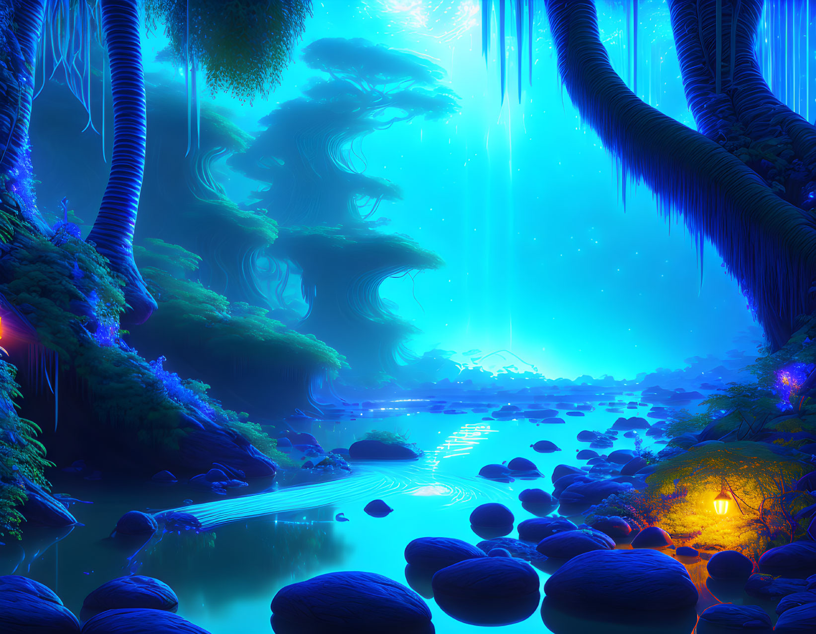 Fantastical landscape with glowing blue hues, serene river, towering trees, mystical light rays, and