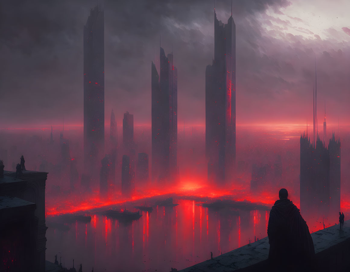 Dystopian cityscape with lava rivers and red sky