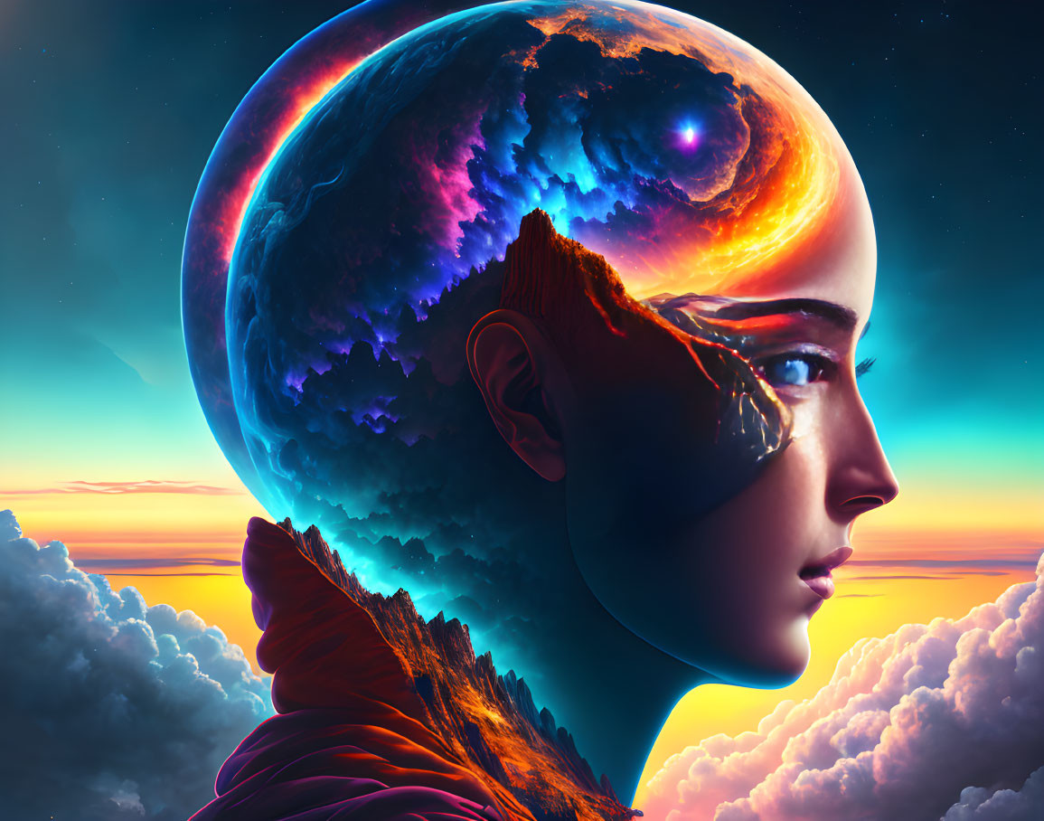 Digital artwork: Woman's profile merges with cosmic landscape, vibrant nebula in head.