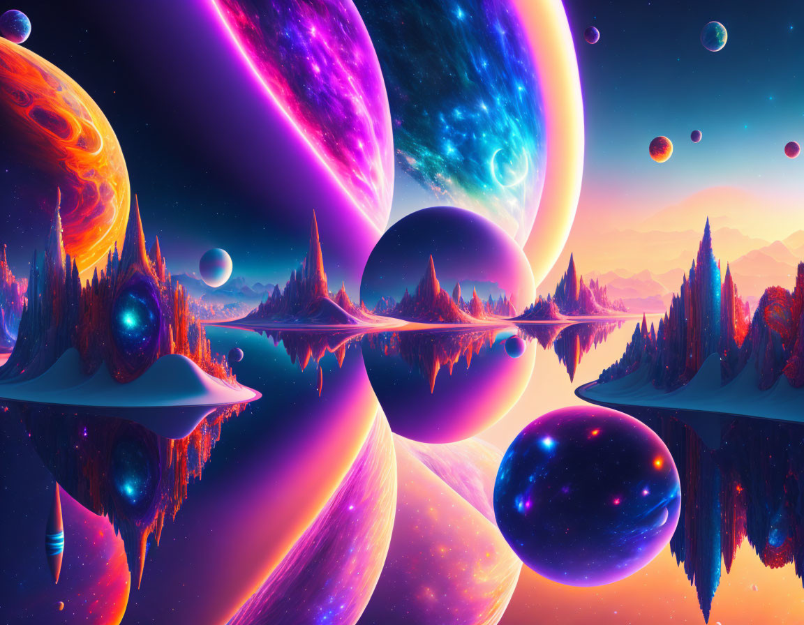 Colorful cosmic landscape with planets, nebulas, and reflective water surface