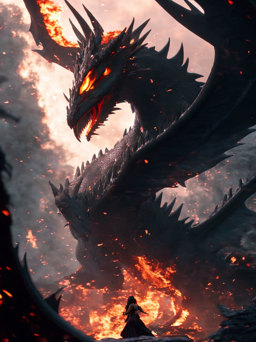 Person in cloak confronts giant dragon in fiery setting