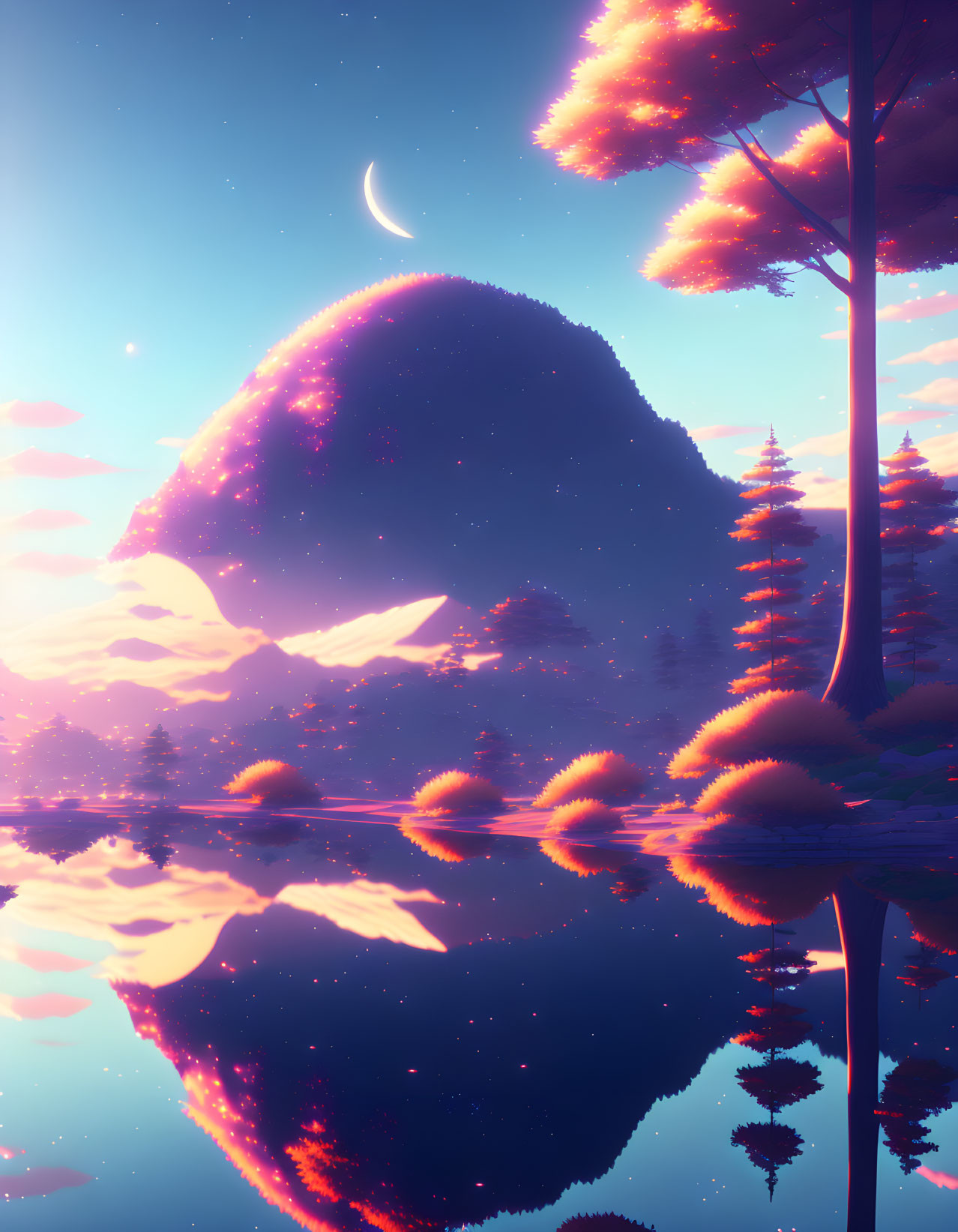 Surreal landscape with pink foliage, crescent moon, stars, lake, and mountain at dusk